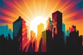 Cityscape with sun rays and buildings. Vector illustration for your design Royalty Free Stock Photo