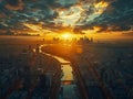 A cityscape with the sun setting over the water Royalty Free Stock Photo