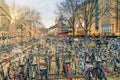 Cityscape on a sunny winter day - view of the bike parking in the historic center of Amsterdam