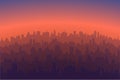Cityscape with sunrise or sunset background. Horizontal morning landscape of city. Vector silhouettes of buildings