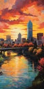 Autumn Sunset Over Portland: A Vibrant And Lively Painting In The Style Of Bill Brauer