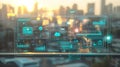 Cityscape sunset, digital dashboard, data analytics, business intelligence Royalty Free Stock Photo