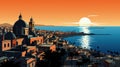 A mediterranean cityscape with a sunset and a large body of water, AI