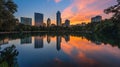 Cityscape sunset reflection, park lake, Texas Royalty Free Stock Photo
