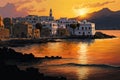 cityscape with sunset, seen from the shoreline of crete