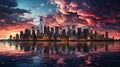 cityscape at sunset, skyscrapers reflected in water, beautiful dramatic sky