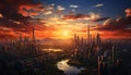 Cityscape at sunset, urban skyline reflects twilight beauty in nature generated by AI