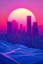 Cityscape with tall buildings is painted in shades of pink and purple giving it surreal and dreamlike quality as if seen