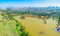 Cityscape of Tel Aviv viewed from TLV Balloon flying over Hayarkon park, Israel Royalty Free Stock Photo