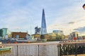 Cityscape at the Thames with the warship HMS Belfast and the skyline of London with the Shard at dusk