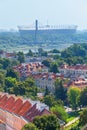 Cityscape - top view of neighbourhood of Powisle near the Vistula river and the Stadion Narodowy in Warsaw Royalty Free Stock Photo