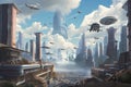 cityscape with towering skycrapers and flying cars, surrounded by futuristic infrastructure