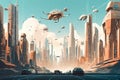 cityscape with towering skycrapers and flying cars, surrounded by futuristic infrastructure