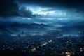 Cityscape of a town in the valley at night with a stormy sky and rain