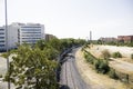 Cityscape with train tracks and buildings in the background Royalty Free Stock Photo