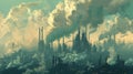 The cityscape is transformed into a sea of metal and glass as towering chimneys and smokestacks belch out puffs of smoke