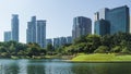 Cityscape and trees grassland garden with water pool