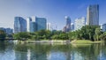 Cityscape and trees grassland garden with water pool