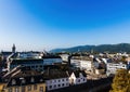 Cityscape of Trier seen from the Porta Nigra, a large Roman city gate in Trier, Germany