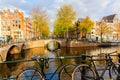 Cityscape with typical canal in Amsterdam, Netherlands