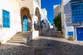 Cityscape with typical white blue colored houses in resort town Sidi Bou Said. Tunisia, North Africa Royalty Free Stock Photo