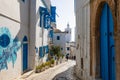 Cityscape with typical white blue colored houses in resort town Sidi Bou Said. Tunisia, North Africa Royalty Free Stock Photo