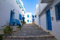 Cityscape with typical white blue colored houses in resort town Sidi Bou Said. Tunisia, North Africa Royalty Free Stock Photo