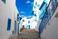 Cityscape with typical white blue colored houses in resort town Sidi Bou Said. Tunisia, North Africa Royalty Free Stock Photo