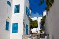 Cityscape with typical white blue colored houses in resort town Sidi Bou Said. Tunisia, North Africa Royalty Free Stock Photo