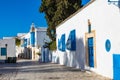 Cityscape with typical white blue colored houses in resort town Sidi Bou Said. Tunisia, North Africa Royalty Free Stock Photo