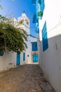 Cityscape with typical white blue colored houses in resort town Sidi Bou Said. Tunisia, North Africa Royalty Free Stock Photo