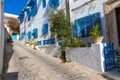 Cityscape with typical white blue colored houses in resort town Sidi Bou Said. Tunisia, North Africa Royalty Free Stock Photo