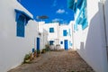 Cityscape with typical white blue colored houses in resort town Sidi Bou Said. Tunisia, North Africa Royalty Free Stock Photo