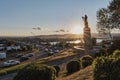 Cityscape of Ulan-Ude, Russia on sunset. Car bridge over Selenga River. Sculpture, Mother Buryatia.