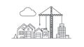 Construction Crane Over Houses and Building Site Line Art Real Estate Development Royalty Free Stock Photo