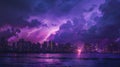 Cityscape under a dramatic purple lightning storm for a visually striking and captivating scene