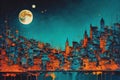 Cityscape under moonlight in abstract impressionist style