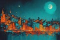 Cityscape under moonlight in abstract impressionist style