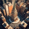 cityscape unravels in a captivating bird\'s-eye view, with modern conical-shaped building standing in the midst of the road