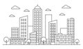 Cityscape, urban landscape skyline concept with buildings, scyscrapers, trees and clouds. Vector outiline. Editable stroke. Royalty Free Stock Photo