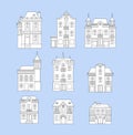  Set of nine various old style houses with towers and balconies on blue background