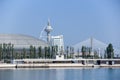 Cityscape with Vasco da Gama Tower, Telecabine Lisbon, Vasco da Gama Bridge Royalty Free Stock Photo