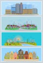 Cityscape vector urban city landscape with buildings and houses in the street of town downcity set illustration