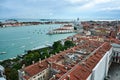 A cityscape of Venice, view of picturesque old buildings and Santa Maria della Salute Cathedral from the bell tower at Saint Mark