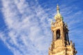 Cityscape - view of the bell tower of the Dresden Cathedral or the Cathedral of the Holy Trinity against the sky with copy space f Royalty Free Stock Photo