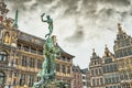 Cityscape - view of the Brabo fountain and the Stadhuis building City Hall at the Grote Markt Main Square of Antwerp Royalty Free Stock Photo