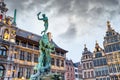 Cityscape - view of the Brabo fountain and the Stadhuis building City Hall at the Grote Markt Main Square of Antwerp Royalty Free Stock Photo