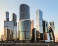 Cityscape view of the buildings Moscow-city International Business Centre at evening sunset