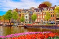 Cityscape view of the canal of Amsterdam in summer with a blue sky and traditional old houses. Colorful spring tulips flowerbed on Royalty Free Stock Photo