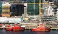 Cityscape view of the capital city including two red tug boats in dock in Lambton Harbour